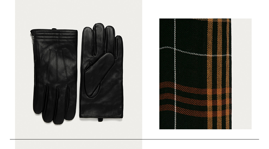 czarne skórzane rękawiczki oraz szalik w kratę