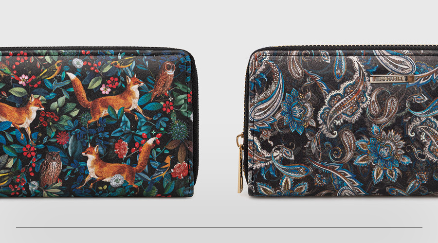 czarny damski portfel z kwiatowym printem lub czarny portfel damski z leśnymi zwierzętami