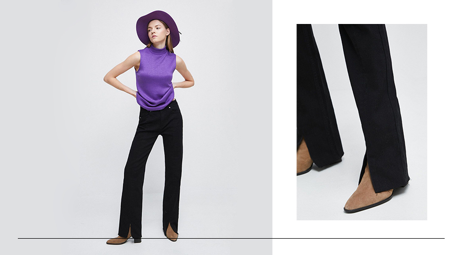 Stylizacje do brązowych botków - czarne spodnie i fioletowy kapelusz
