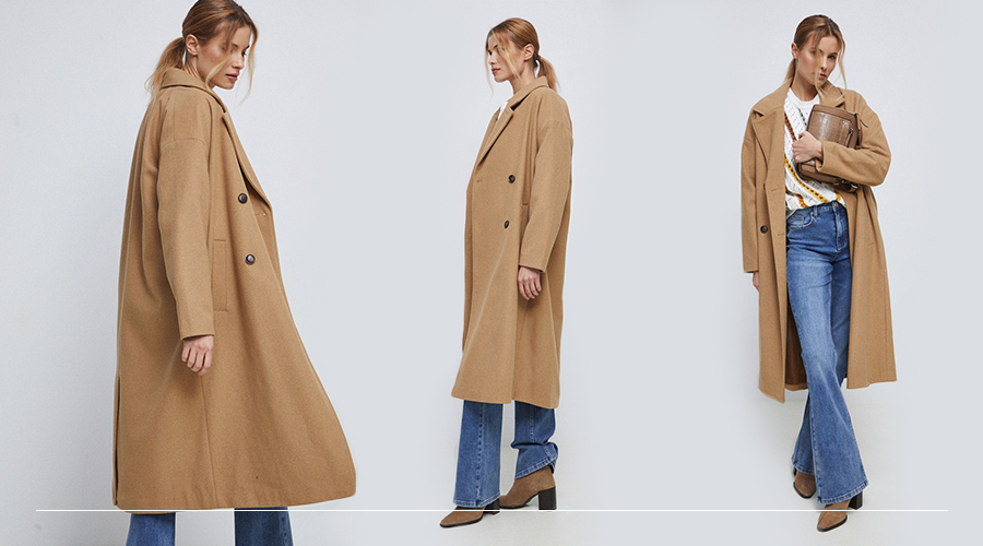 Klasyczny brązowy płaszcz - stylizacja z jeansami i botkami na obcasie